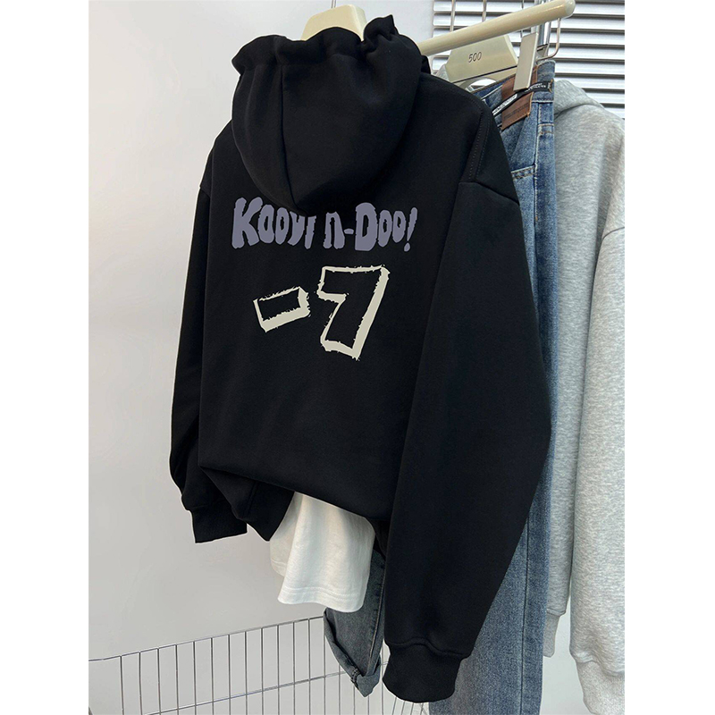 美式复古潮牌加绒连帽卫衣女秋冬