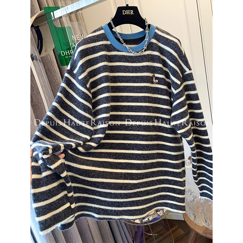 韩系复古撞色条纹磨毛长袖打底衫