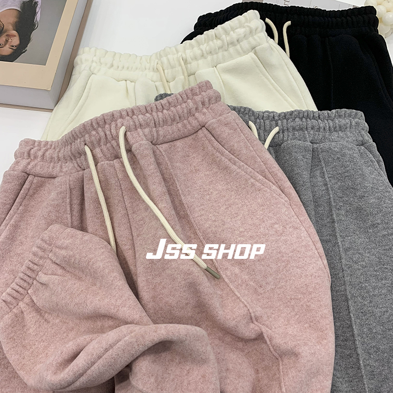 樱花粉羊绒加厚毛呢裤女宽松休闲