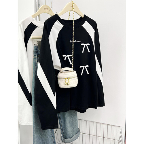 美式别致拼接撞色长袖T恤女早秋