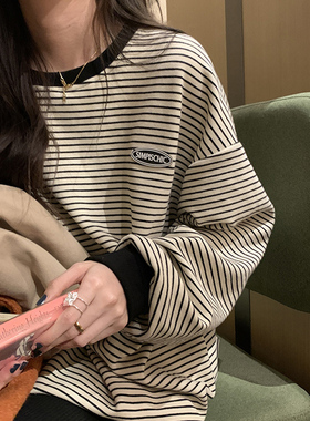 速发港风2h长袖T恤春秋20c4韩松学生宽版打底衫圆领条纹上衣