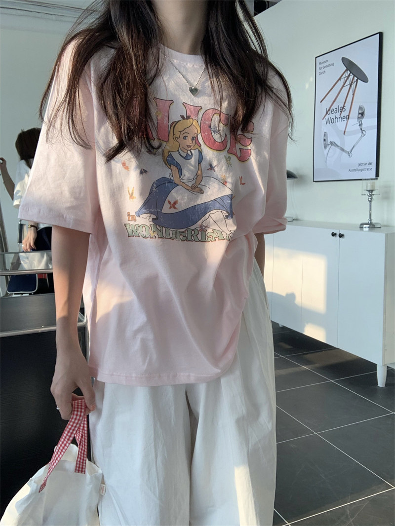速发复古原h港风印花T恤夏c韩版bf季宿学生宽松半袖上衣