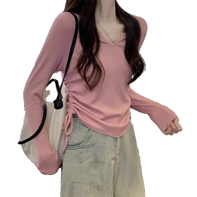V领抽绳短款上衣女秋季内搭高腰