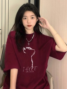 宽松oversize潮酒红色半袖 美式 夏季 复古纯棉短袖 情侣上衣 t恤女款