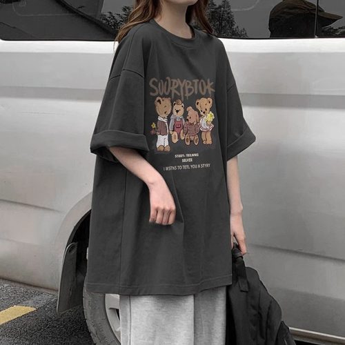 日系复古纯棉深灰色短袖t恤女夏