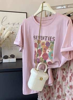 复古字母花朵晕染油画风格纯棉短袖T恤女 夏季宽松白色粉色体恤薄