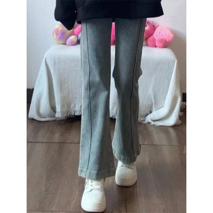 复古蓝色高腰微喇叭牛仔裤女秋冬加绒加厚修身马蹄裤直筒阔腿裤子