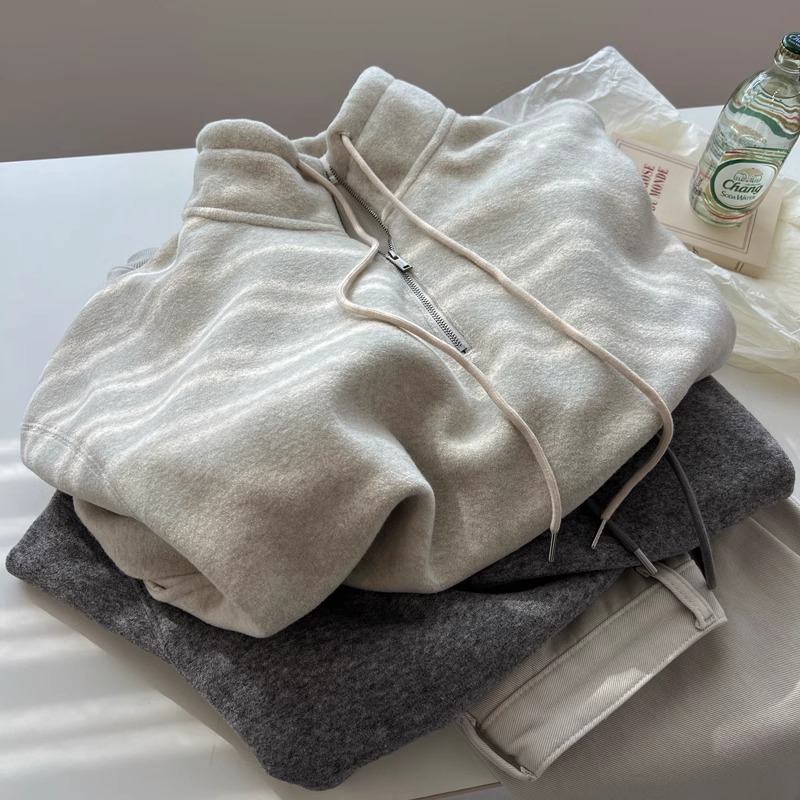 加绒毛巾棉半拉链立领卫衣女冬