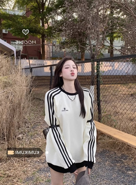 设计感小众字母刺绣条纹卫衣女2023秋季宽松bf慵懒风显瘦休闲上衣