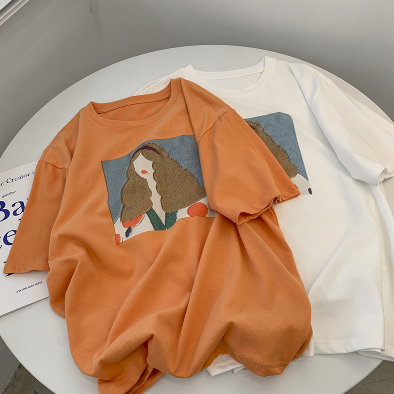 速发2022夏感设计季小众百搭油画色花白印T恤洋气宽松休闲上衣