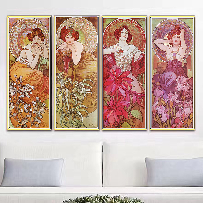 晶瓷穆夏四季花女神宝石人物装饰油画挂铝合金复古墙壁插慕mucha