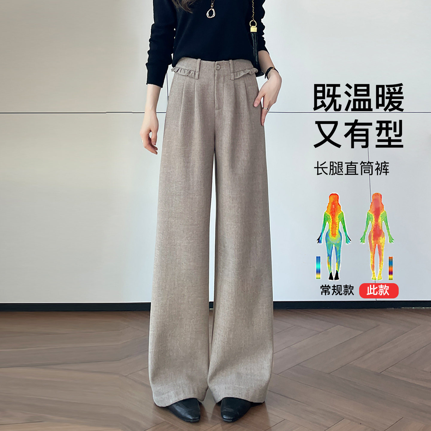 黑灰色加绒毛呢阔腿裤女2026秋冬