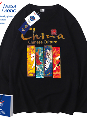 2023新款NASA黑色T恤男春秋季宽松长袖圆领情侣纯棉上衣潮打底衫