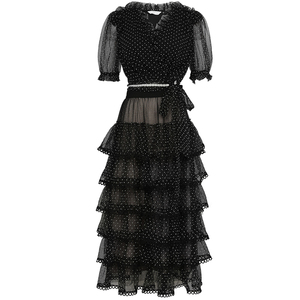 RM9923#夏季新款时尚V领泡泡袖网纱波点黑色上衣+蛋糕半身裙套