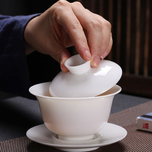 家用泡茶壶 德化陶瓷描金三才盖碗白瓷茶具茶海茶洗公道杯茶滤套装