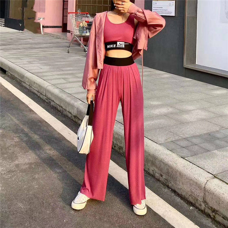 2020夏季新款打底背心+休闲拖地裤+长袖连帽防晒衫时尚三件套装女