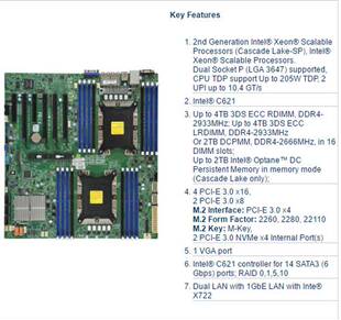 LGA3647 双路服务器主板 超微 DDR4 X11DPI C621芯片