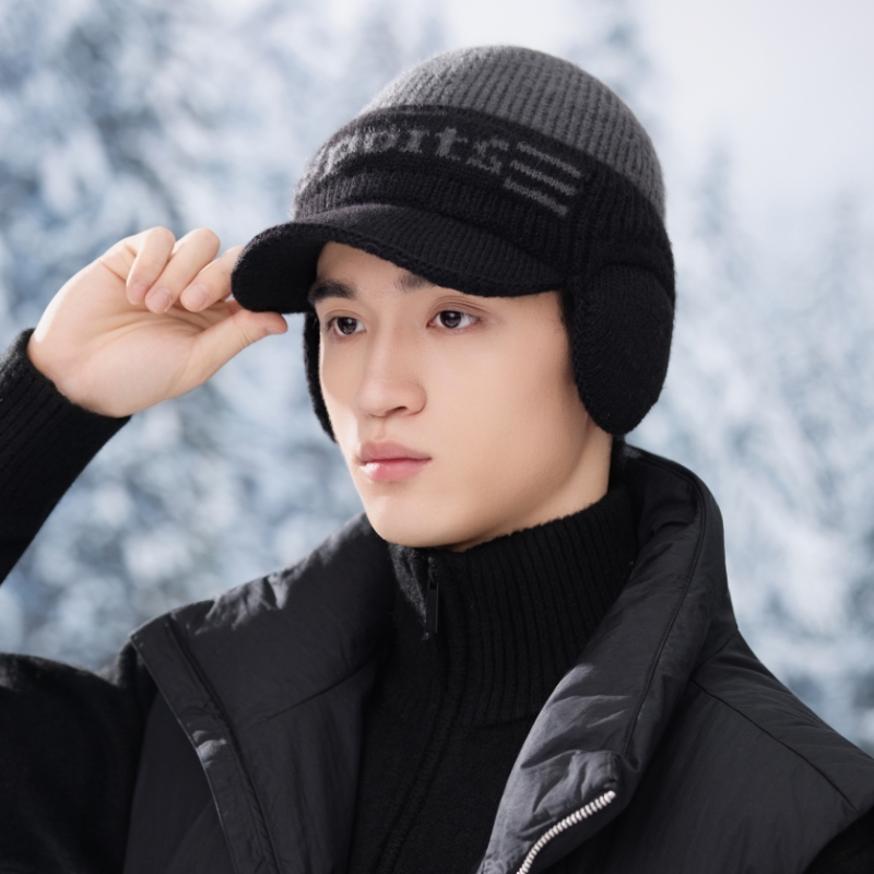 新款男士冬季毛线帽针织鸭舌帽加绒加厚保暖户外车行防风防寒护耳