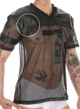 CLEVER-MENMODE男士潮流仿皮上衣透气跑步网眼T恤拼接休闲V领T恤