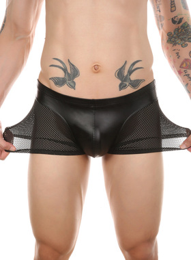 CLEVER-MENMODE男士仿皮拼接网大囊袋平角裤欧美低腰透气薄款内裤