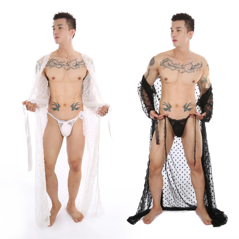 男士圆点日式和服长款丝滑蕾丝浴睡袍/浴袍