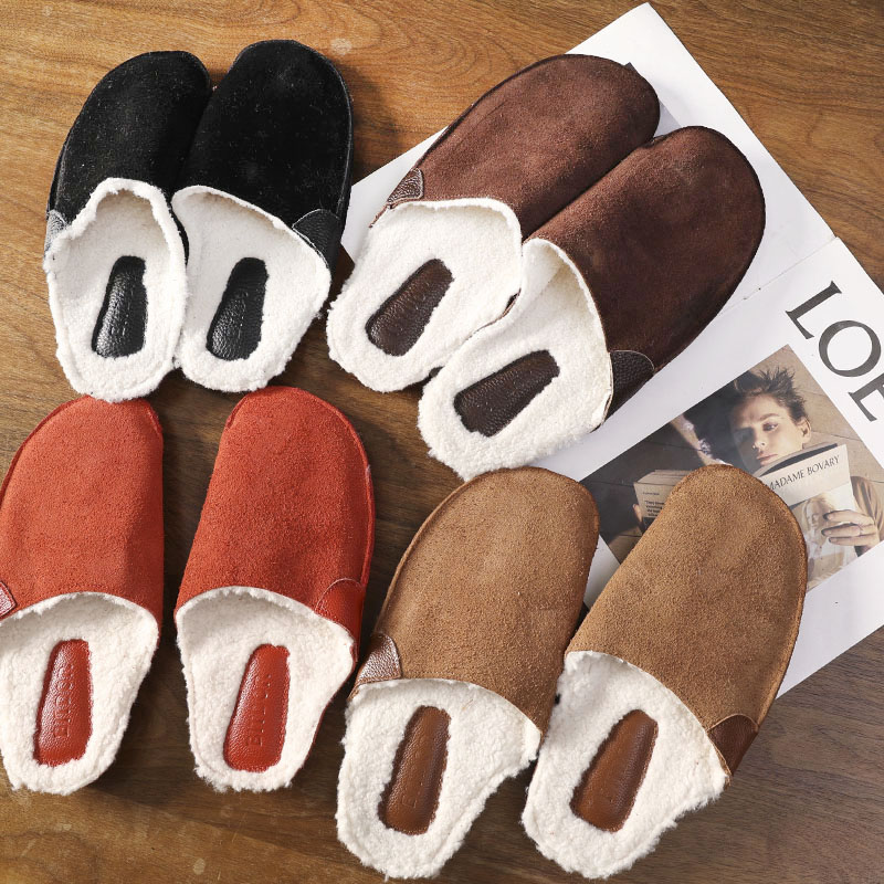 牛货推荐入 整张牛皮切割一脚蹬真皮包头情侣家居拖鞋秋冬季1106