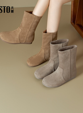 大东时装靴女鞋2025年冬季新款简约平底低跟圆头套筒光板D0211