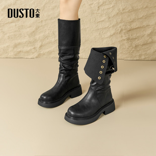 时尚 新款 粗跟中跟按扣圆头饰扣D0182 2025年冬季 大东骑士靴女鞋