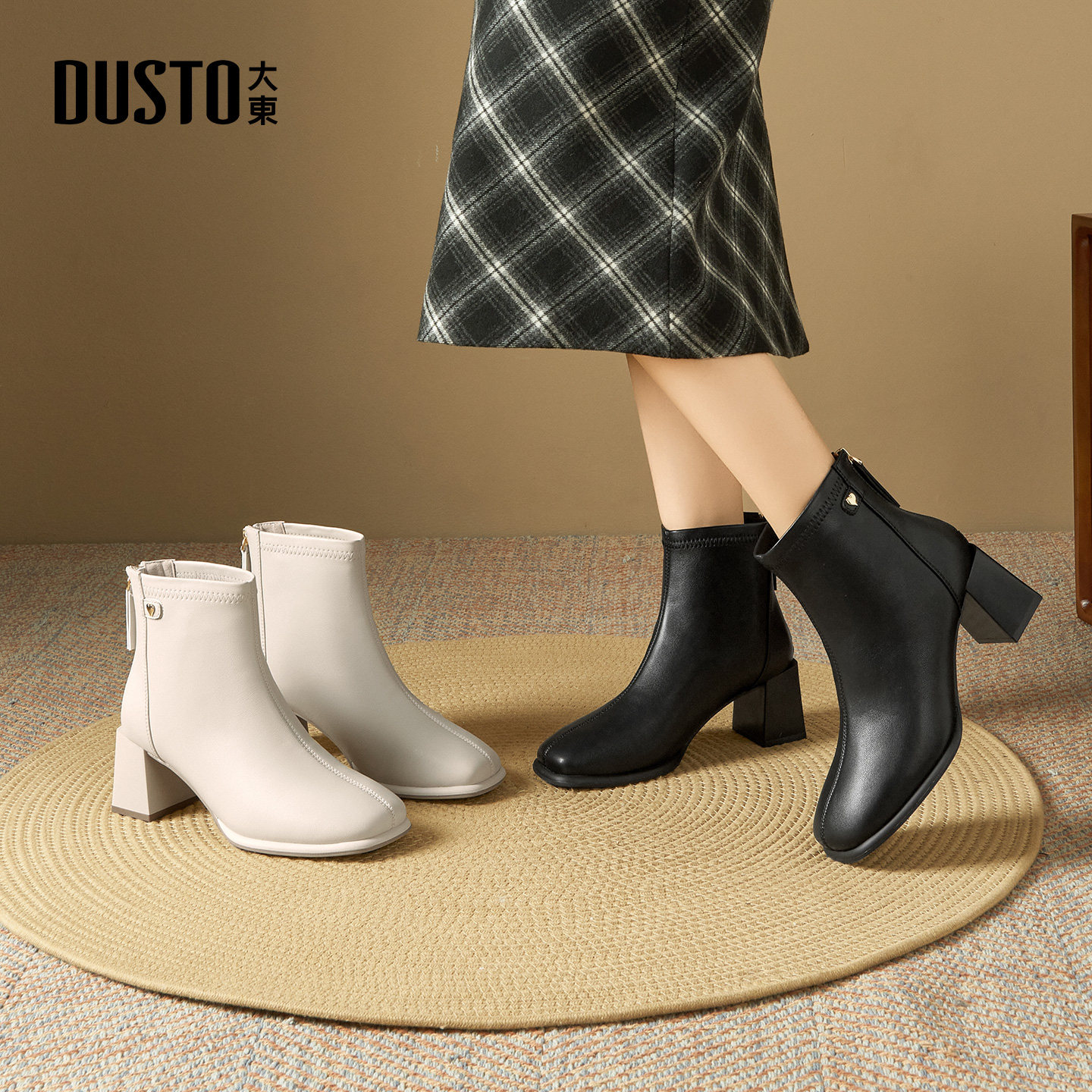 大东时装靴女鞋2025冬季新款法式裸靴黑色瘦瘦靴后拉链高跟短筒靴