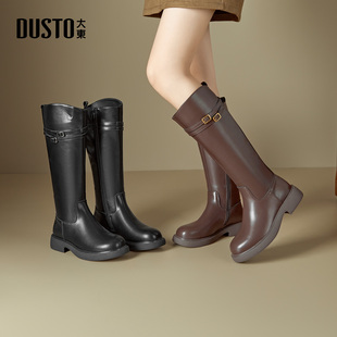 大东骑士靴女鞋2025年冬季新款时尚粗跟中跟侧拉链圆头饰扣D1141
