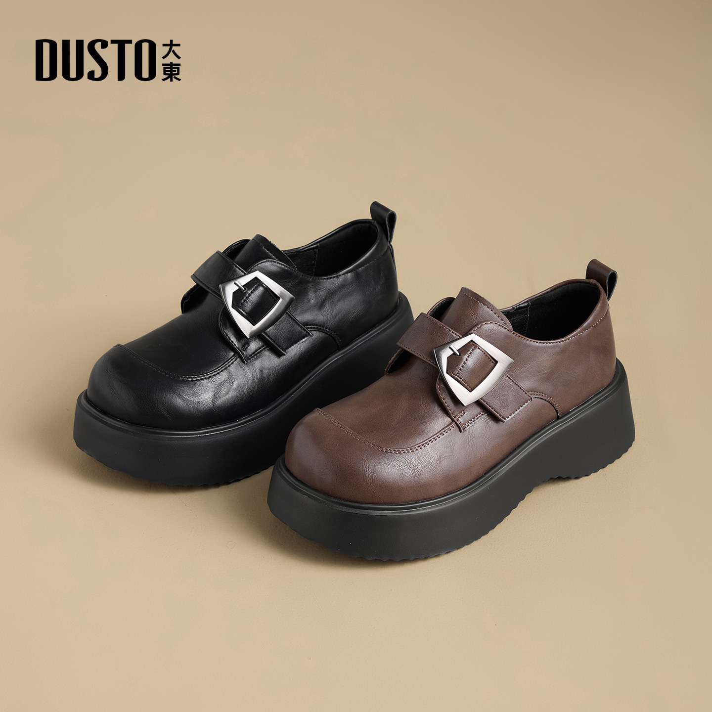 大东乐福鞋女鞋2025新款秋季英伦风厚底金属扣小皮鞋深口鞋1163Z