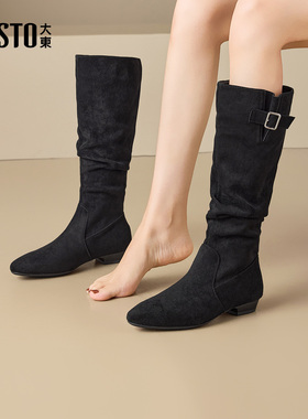大东dd靴子女长筒女靴2025新款冬季高筒堆堆靴骑士靴复古加绒长靴