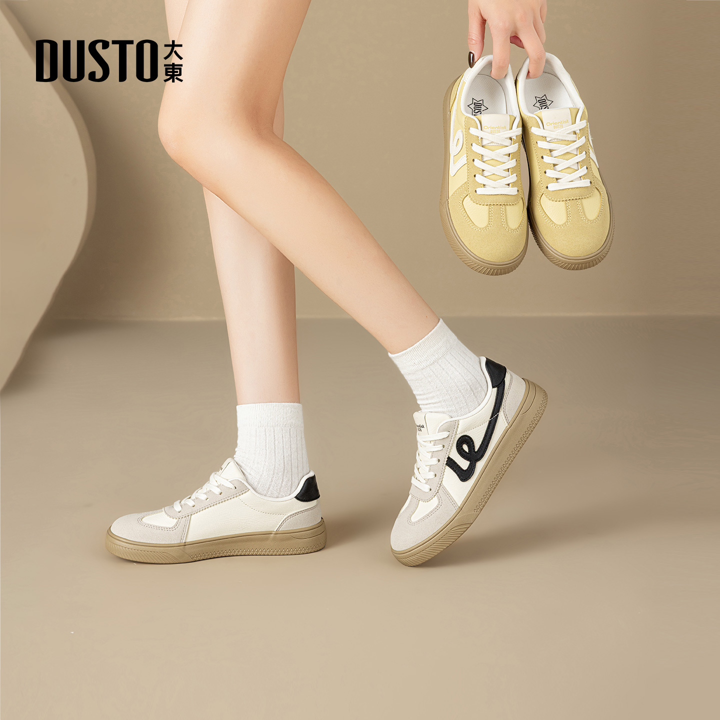 大东德训鞋女鞋2026春季新款休闲平底低跟系带圆头材质拼贴C7011