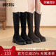 新款 大东骑士靴女鞋 2025年冬季 粗高跟后拉链圆头长筒靴黑色瘦瘦靴