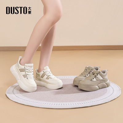 大东休闲运动女鞋2025年冬季新款平底中跟系带圆头材质拼贴D1306