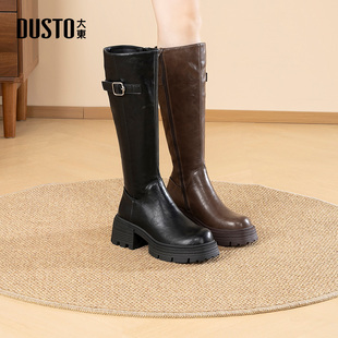 时尚 新款 粗跟高跟侧拉链圆头饰扣D1633 2025年冬季 大东骑士靴女鞋