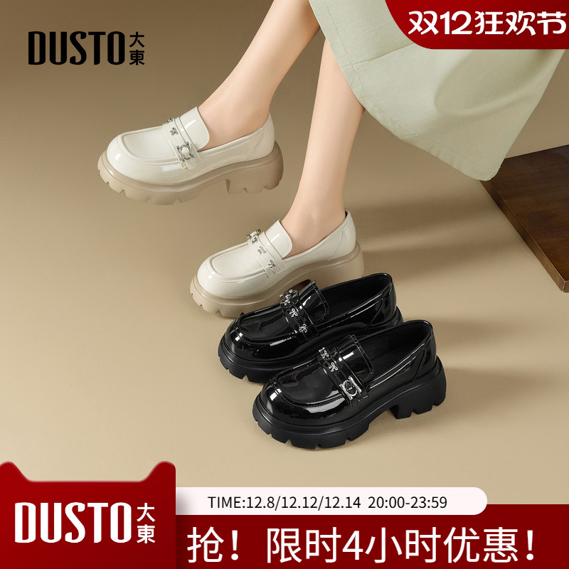 大东乐福鞋女鞋2025秋季新款英伦风高跟粗跟厚底蝴蝶结黑色小皮鞋