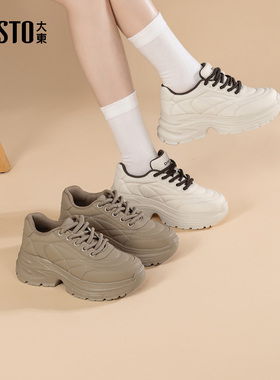 大东休闲运动女鞋2025年冬季新款平底高跟系带圆头材质拼贴D1311