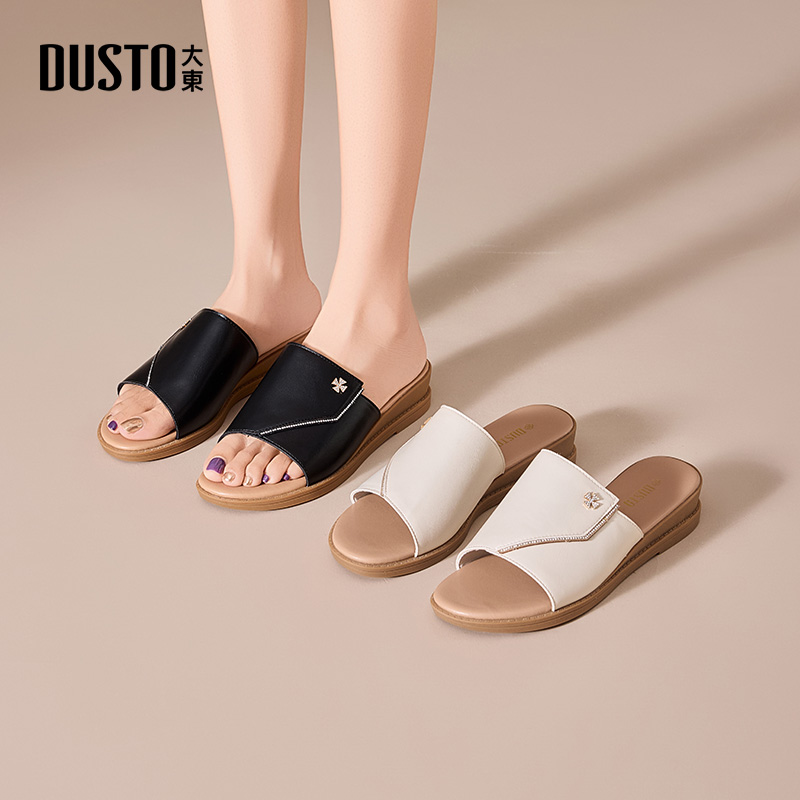 大东妈妈鞋女鞋2025夏季新款休闲坡跟中跟套脚烫钻X0054