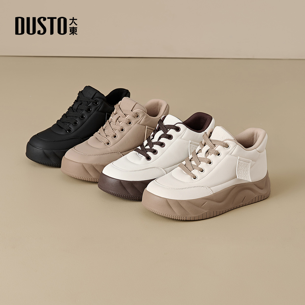 大东面包鞋女鞋2025秋季新款休闲简约平底系带中跟圆头