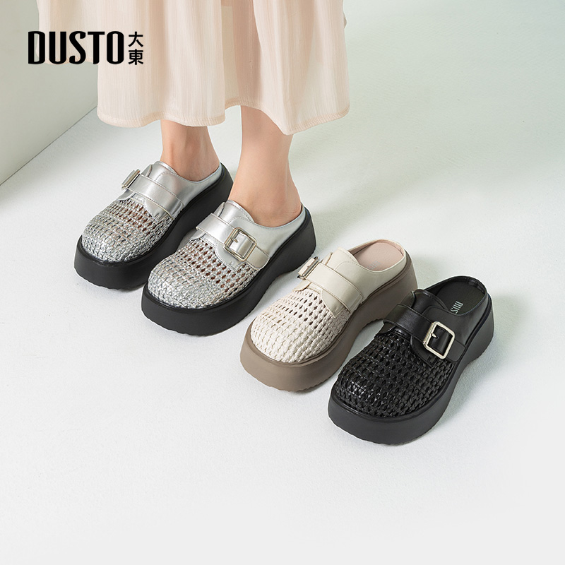 大东穆勒鞋女鞋2025夏季新款舒适平底中跟套脚圆头编织饰扣X0198