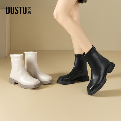 大东时装靴女鞋2025年冬季新款简约粗跟中跟后拉链方头光板D0128