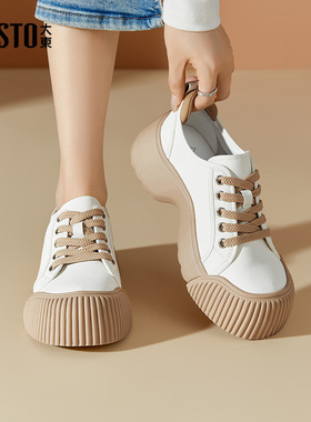 大东厚底面包鞋女鞋2025秋季新款时尚高跟粗跟圆头系带休闲鞋0125