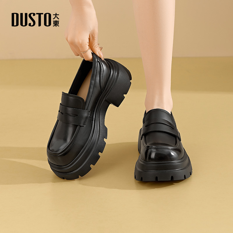 大东dd厚底乐福鞋女2025新款黑色小皮鞋配裙子增高女鞋粗跟单鞋女