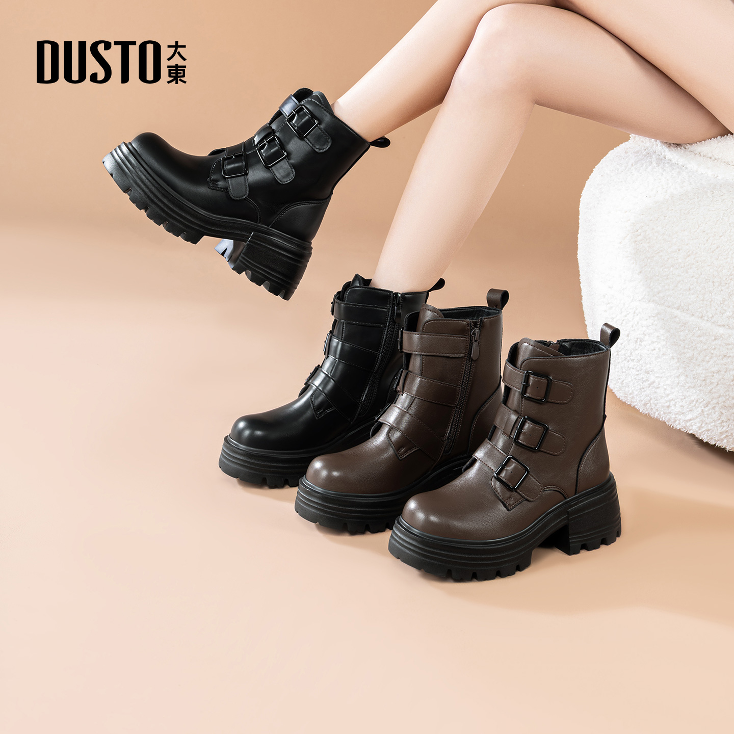 大东马丁靴女鞋2025年冬季新款英伦粗跟高跟侧拉链圆头饰扣D0140