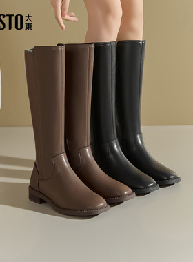 大东骑士靴女鞋2025冬季新款休闲方跟低跟侧拉链方头D0167