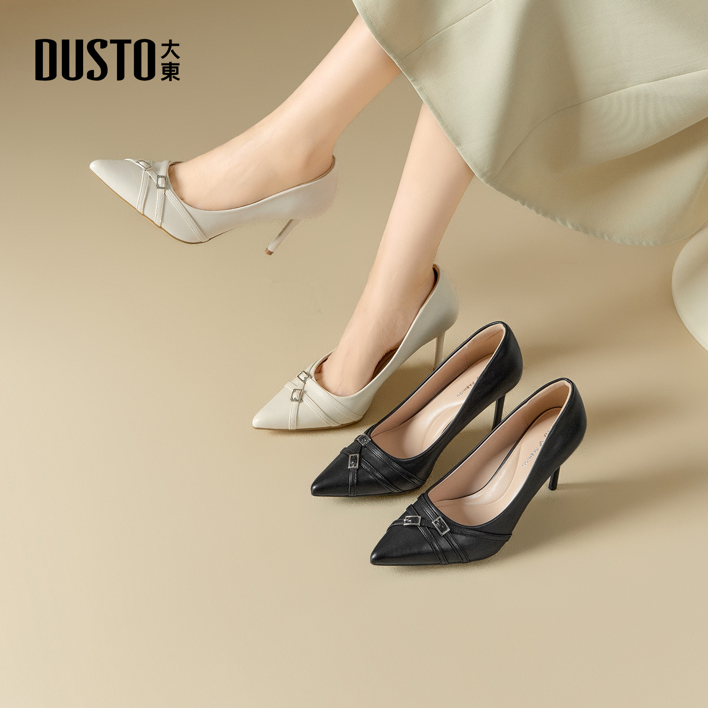 大东浅口鞋女鞋2026春季新款细跟超高跟套脚尖头金属饰扣C3000