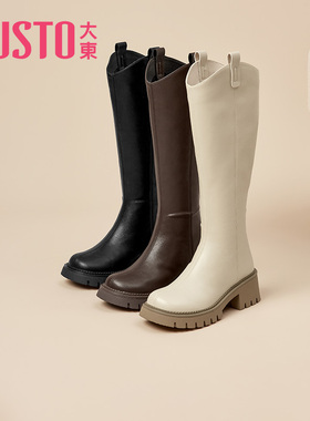 大东长筒靴女鞋冬季时尚潮流舒适简约圆头后拉链鞋1658
