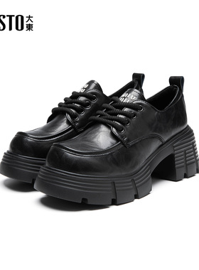 大东S深口鞋2025年冬季女鞋新款粗跟高跟圆头系带3857E