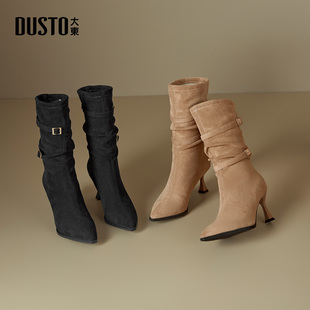 大东时装靴女鞋2025冬季新款细跟高跟美拉德骑士靴黑色优雅堆堆靴